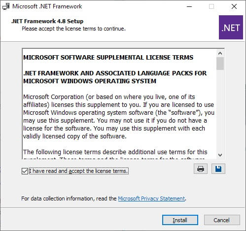 Terme et condition Microsoft Net Framework